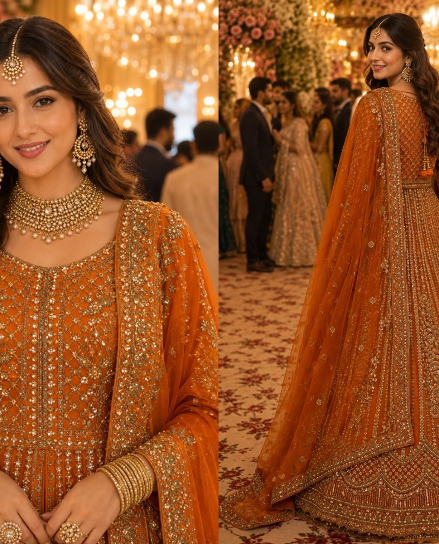 ORANGE - Orange Net Kurti Lehenga With Zari Work